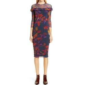 FUZZI Jean Paul Gaultier Floral Ruffle Trim Sheer Bodycon Mesh Midi Dress XS